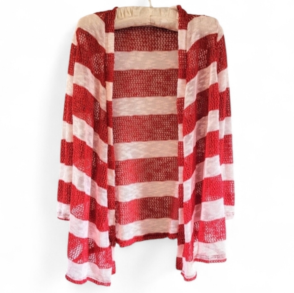 Candy Cane Striped Open Front Cardigan Christmas Festive Holiday Retro Threads L